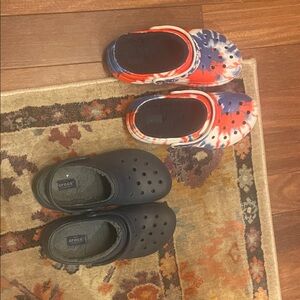 CROCS Kids tye dye red Blue, and Black like new